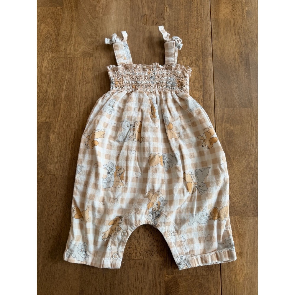 Disney Baby Lady and the Tramp Gingham Smocked Romper Tan 0-3M SP2322417DC